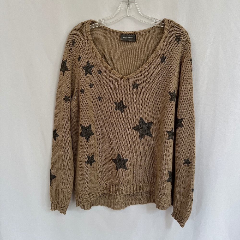 Wooden Ships V-Neck Cotton Blend Star Sweater Tan Size M/L